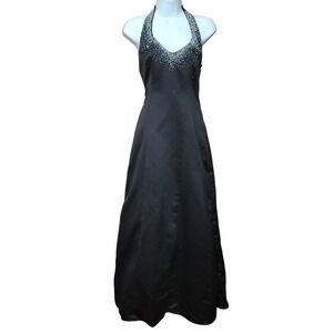 Black/White Beaded Halter‎ Elegant Gown Corset Back Contrast Panel 5/6 Prom Y2K